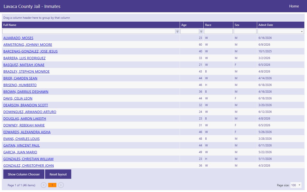Lavaca County jail roster current inmates grid