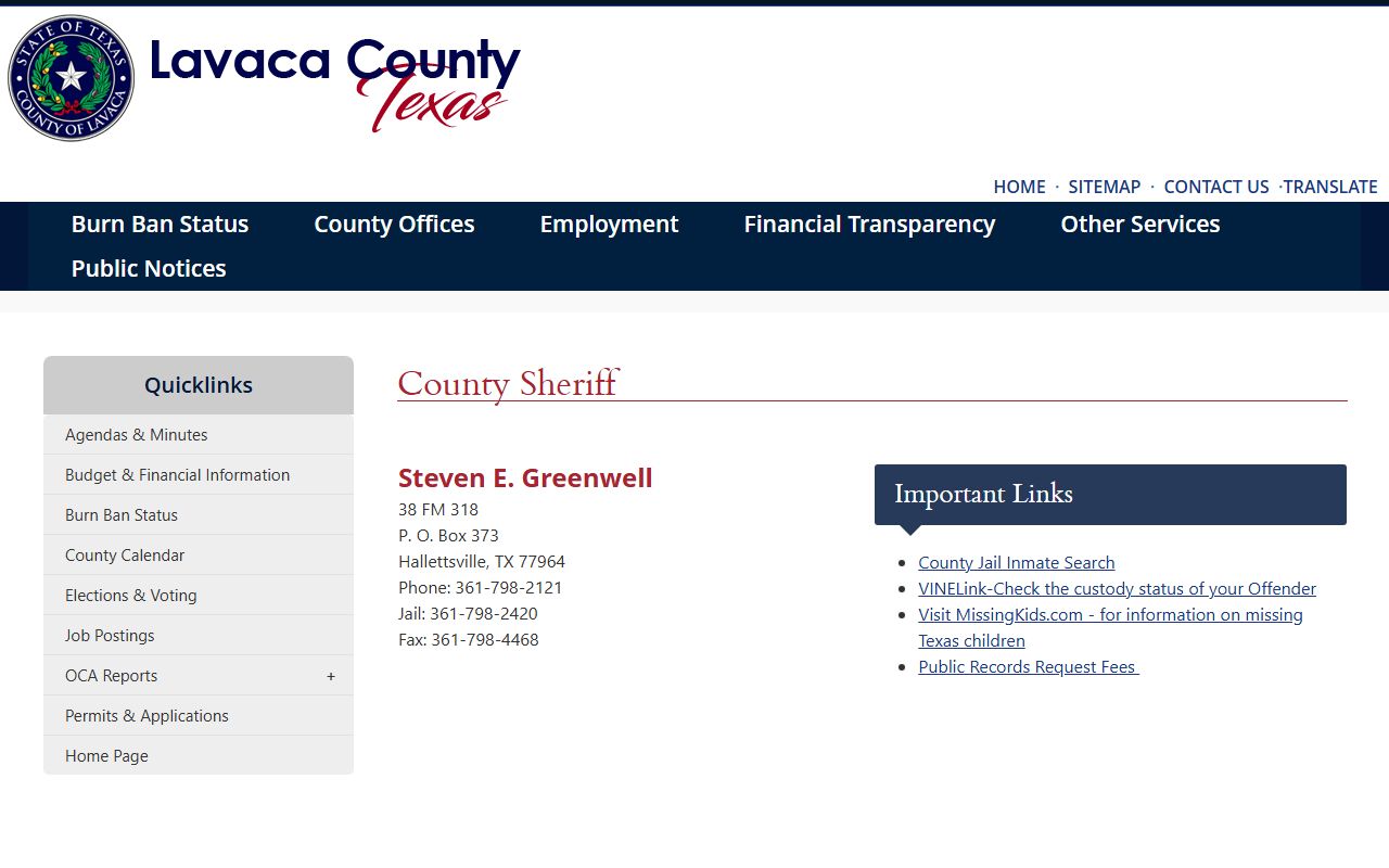 Lavaca County Jail sheriff page with inmate lookup and records links